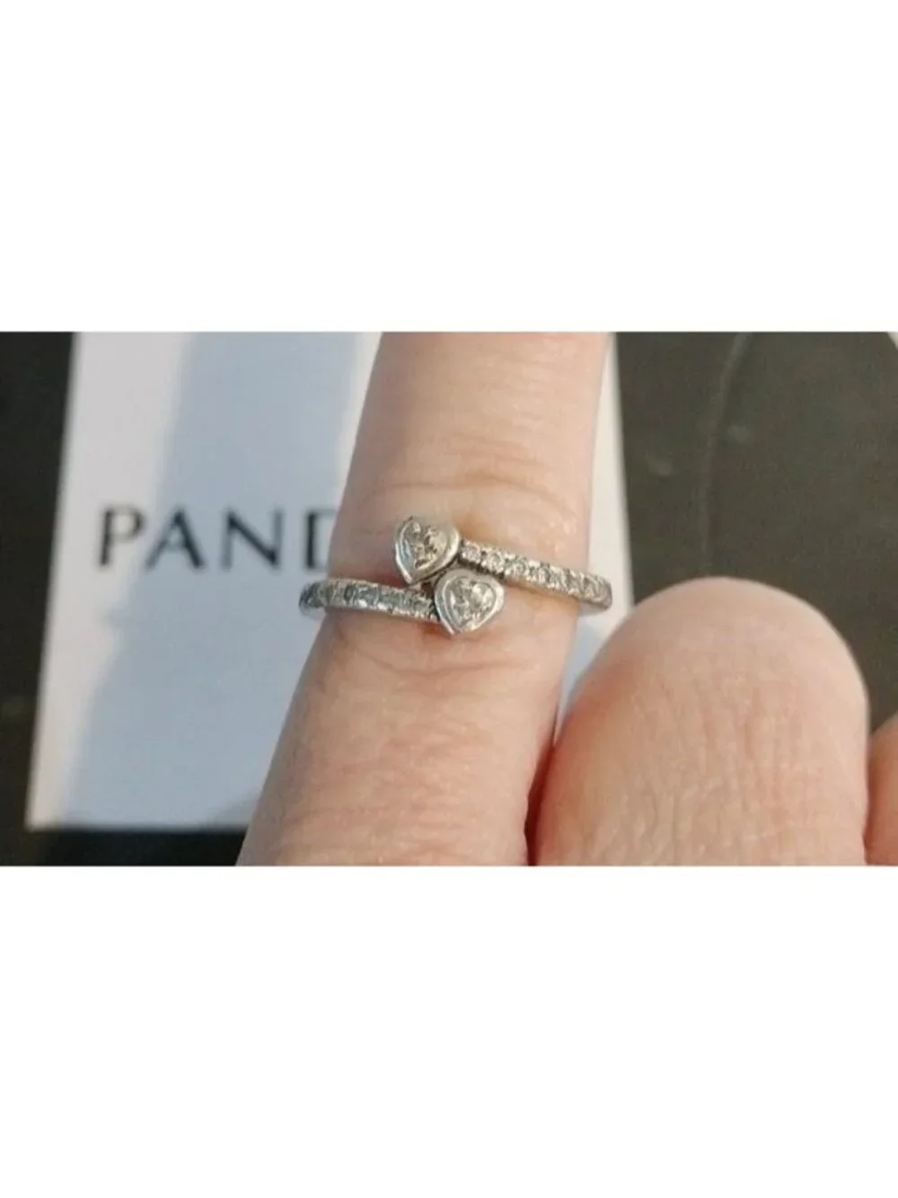 Pandora Two Sparkling Hearts Sterling Silver Ring 191023cz, size 50